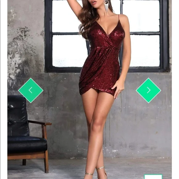 Deep V Neck Backless Sequin Wrap Dress Burgundy SHEIN - Picture 7 of 7